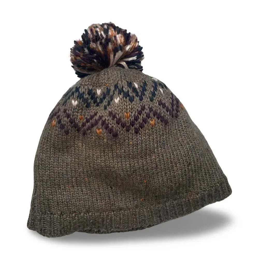 Pistil Visby Pom Beanie Hat Womens Brown Knit Fair Isle Tweed Flecks Mountain